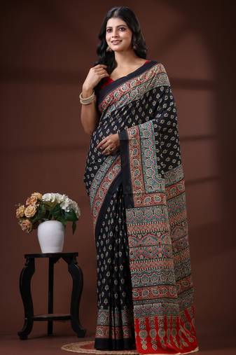 Black  malmal cotton saree with traditional ajrakh inspired handblock print design