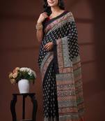 Black  malmal cotton saree with traditional ajrakh inspired handblock print design