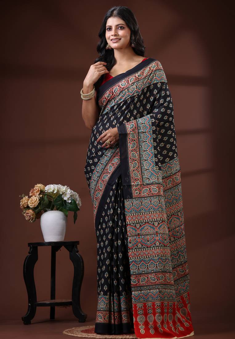 Black  malmal cotton saree with traditional ajrakh inspired handblock print design