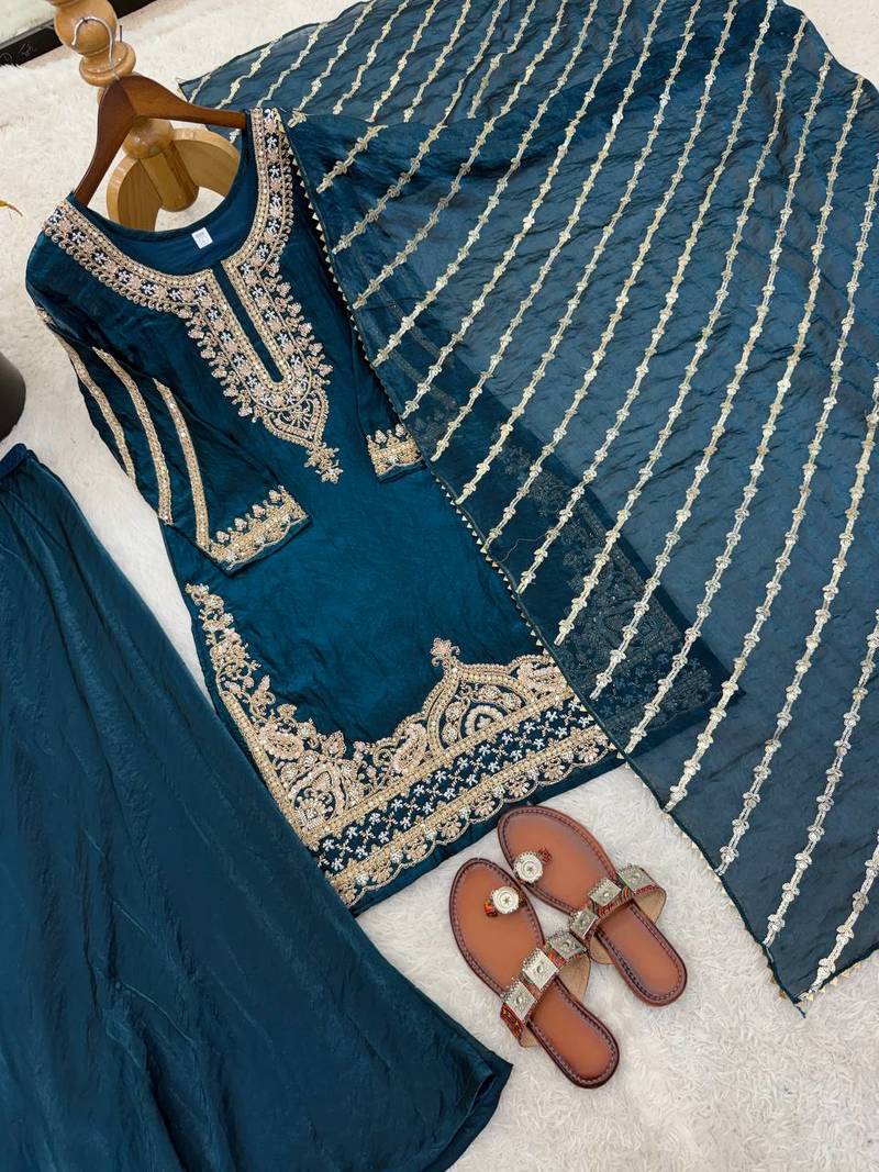 Designer pure fendy silk sharara suit set with heavy embroidery beads work & dupatta