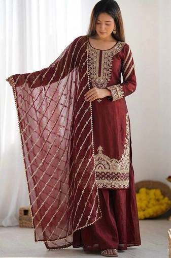 Designer pure fendy silk sharara suit set with heavy embroidery beads work & dupatta