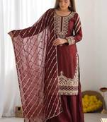 Designer pure fendy silk sharara suit set with heavy embroidery beads work & dupatta