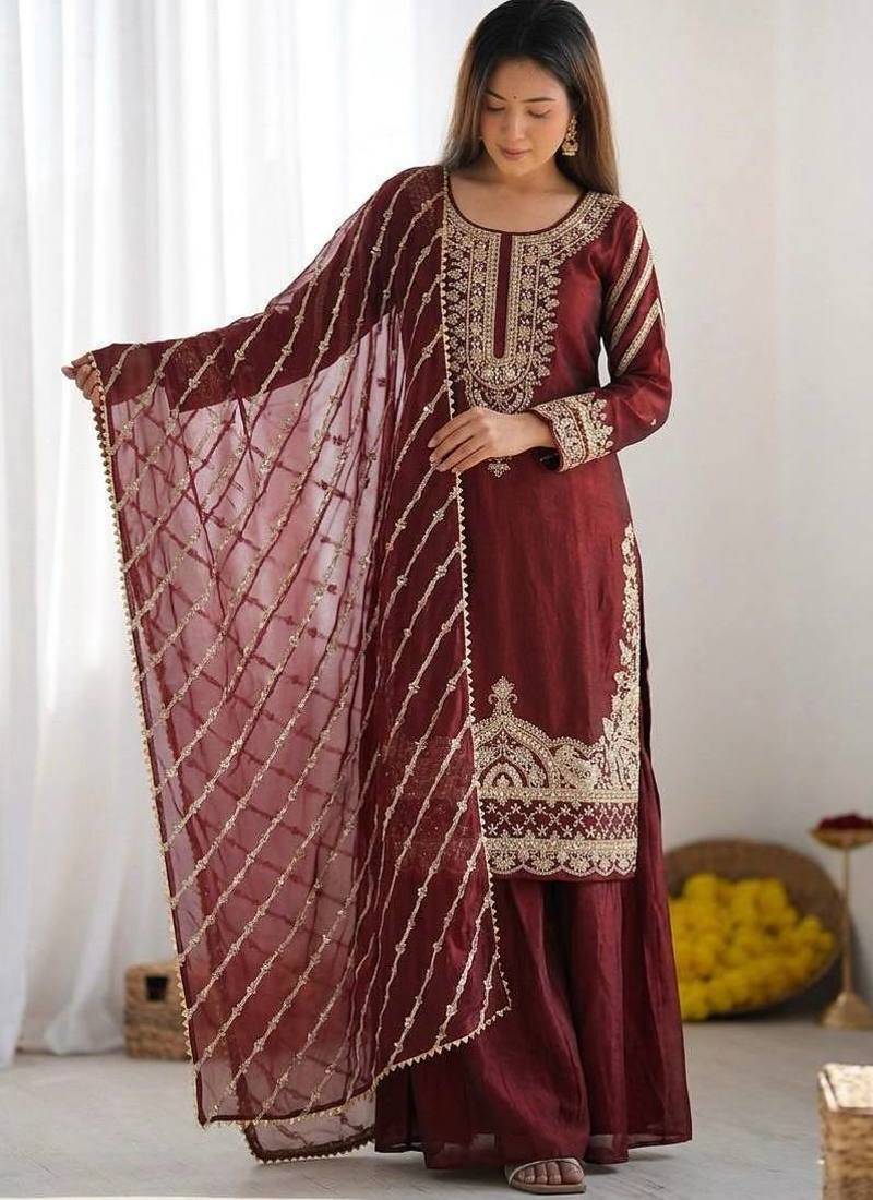 Designer pure fendy silk sharara suit set with heavy embroidery beads work & dupatta