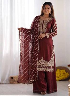 Designer pure fendy silk sharara suit set with heavy embroidery beads work & dupatta 2