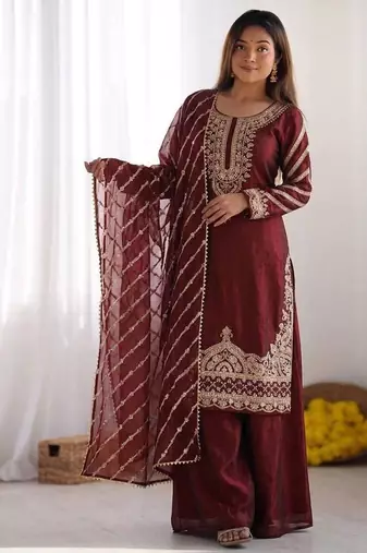 Designer pure fendy silk sharara suit set with heavy embroidery beads work & dupatta