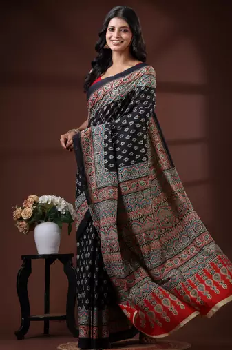 Black  malmal cotton saree with traditional ajrakh inspired handblock print design