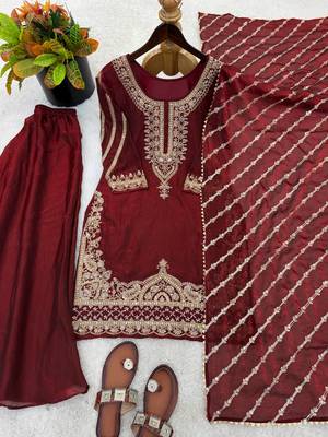 Designer pure fendy silk sharara suit set with heavy embroidery beads work & dupatta 3