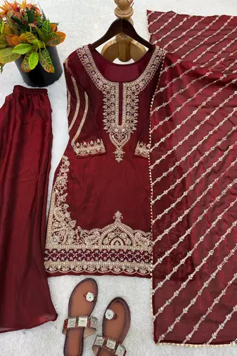 Designer pure fendy silk sharara suit set with heavy embroidery beads work & dupatta