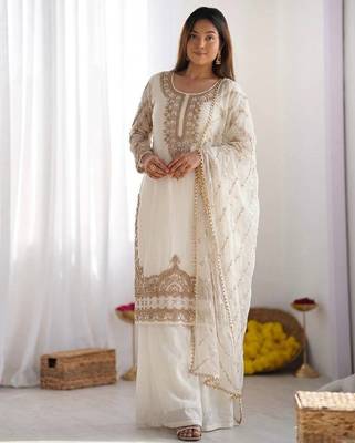 Designer pure fendy silk sharara suit set with heavy embroidery beads work & dupatta 1