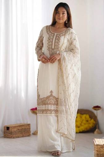 Designer pure fendy silk sharara suit set with heavy embroidery beads work & dupatta