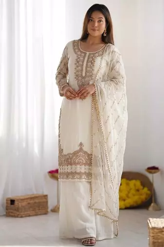 Designer pure fendy silk sharara suit set with heavy embroidery beads work & dupatta