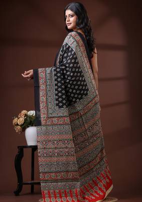 Black  malmal cotton saree with traditional ajrakh inspired handblock print design 3
