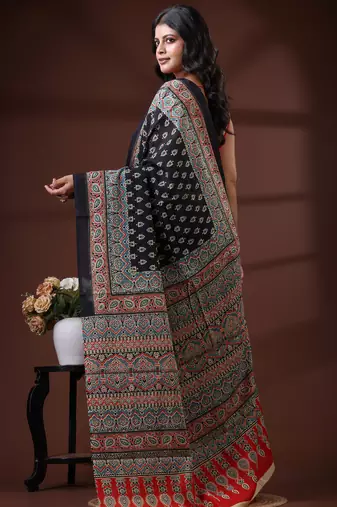 Black  malmal cotton saree with traditional ajrakh inspired handblock print design