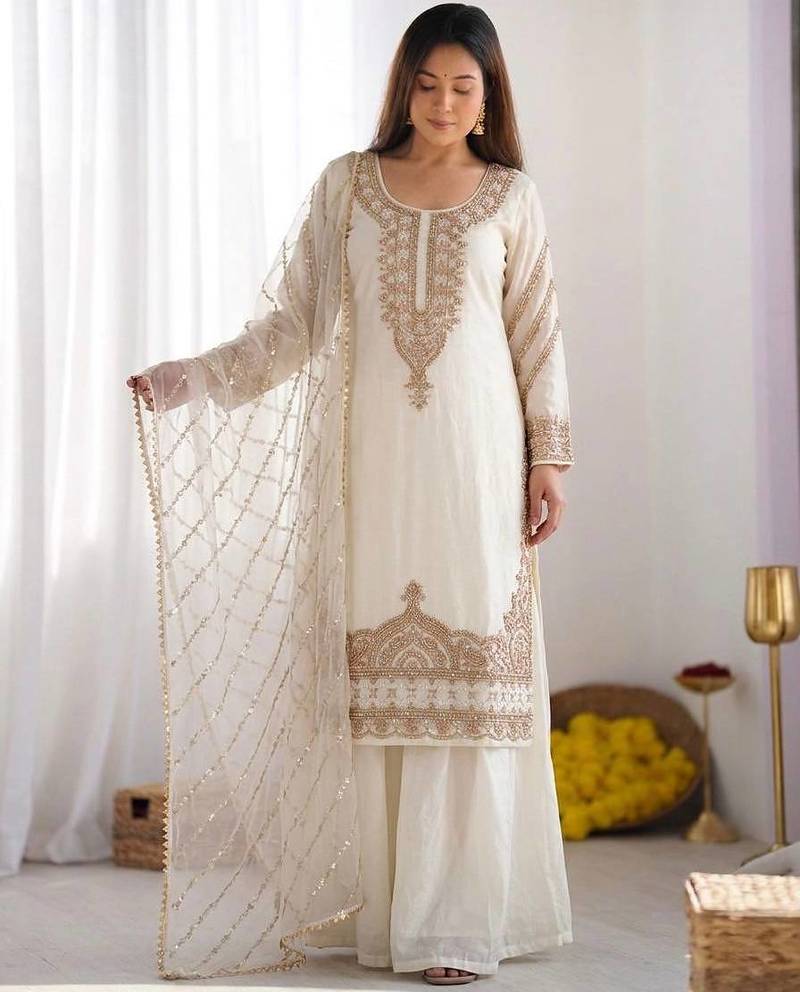 Designer pure fendy silk sharara suit set with heavy embroidery beads work & dupatta