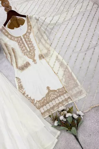 Designer pure fendy silk sharara suit set with heavy embroidery beads work & dupatta