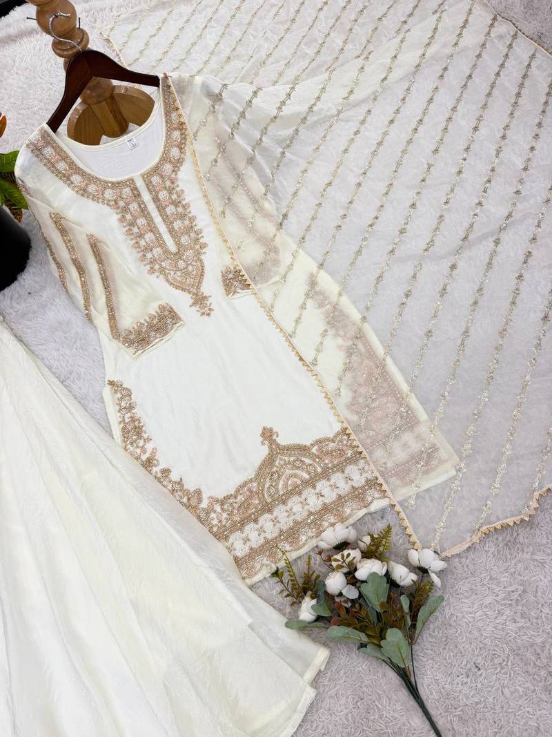Designer pure fendy silk sharara suit set with heavy embroidery beads work & dupatta
