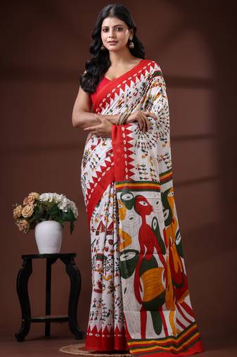Off white  malmal cotton saree with multicolor tribal art handblock print & red border design