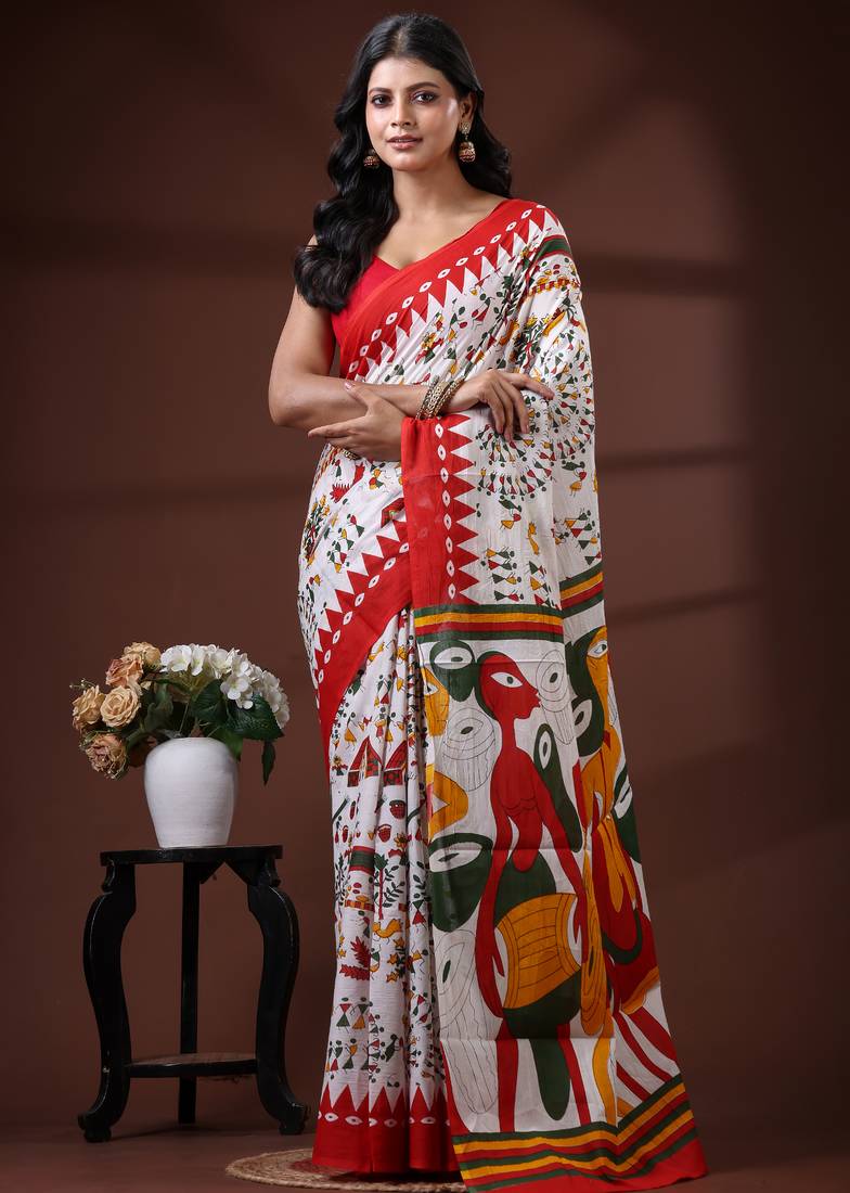 Off white  malmal cotton saree with multicolor tribal art handblock print & red border design