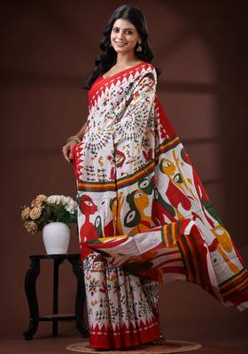 Off white  malmal cotton saree with multicolor tribal art handblock print & red border design 2