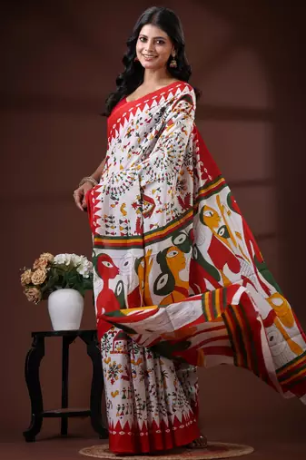 Off white  malmal cotton saree with multicolor tribal art handblock print & red border design