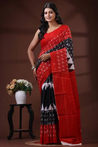 Crimson red & black  malmal cotton saree with traditional batik inspired handblock print design
