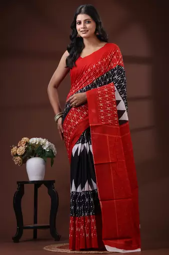 Crimson red & black  malmal cotton saree with traditional batik inspired handblock print design
