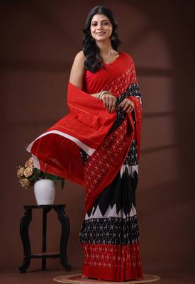 Crimson red & black  malmal cotton saree with traditional batik inspired handblock print design 2
