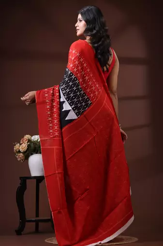 Crimson red & black  malmal cotton saree with traditional batik inspired handblock print design