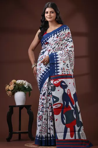 Off white & royal blue  malmal cotton saree with tribal art handblock print design