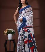 Off white & royal blue  malmal cotton saree with tribal art handblock print design