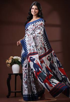 Off white & royal blue  malmal cotton saree with tribal art handblock print design 2