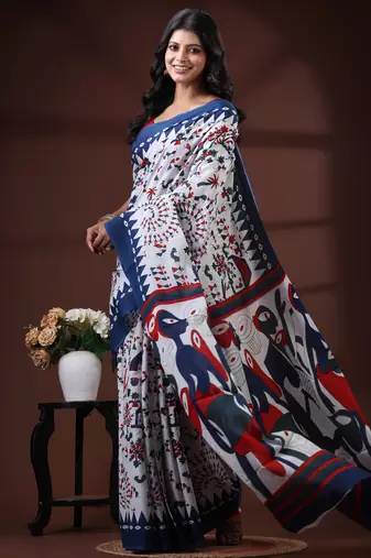 Off white & royal blue  malmal cotton saree with tribal art handblock print design