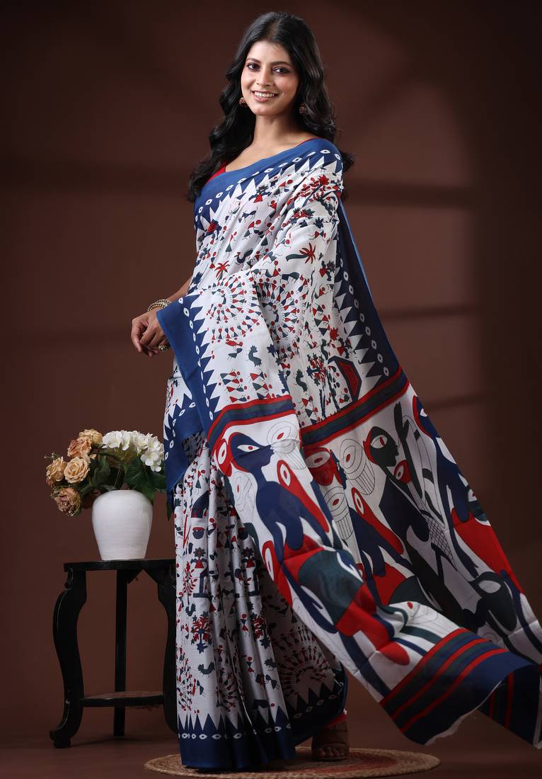 Off white & royal blue  malmal cotton saree with tribal art handblock print design