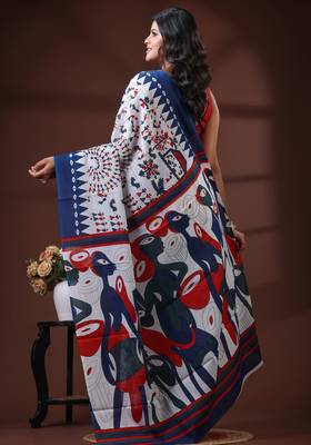 Off white & royal blue  malmal cotton saree with tribal art handblock print design 3