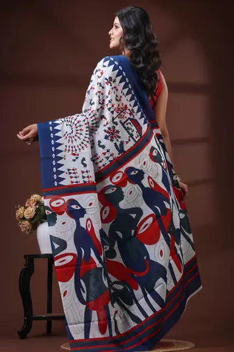 Off white & royal blue  malmal cotton saree with tribal art handblock print design