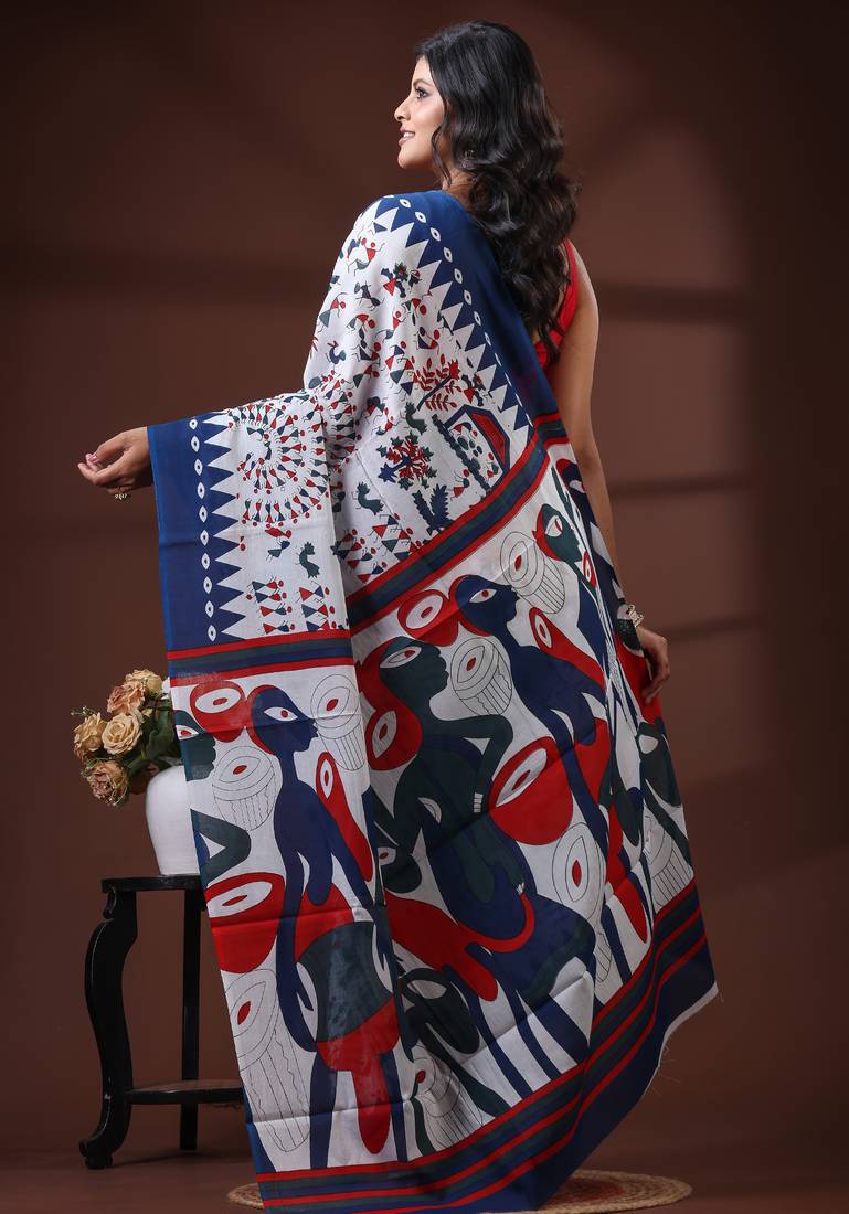 Off white & royal blue  malmal cotton saree with tribal art handblock print design
