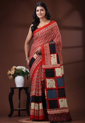 Red & black  malmal cotton saree with contrast border & geometric pallu 1