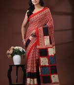 Red & black  malmal cotton saree with contrast border & geometric pallu