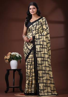 Beige & black geometric printed  malmal cotton saree with contrast border 1