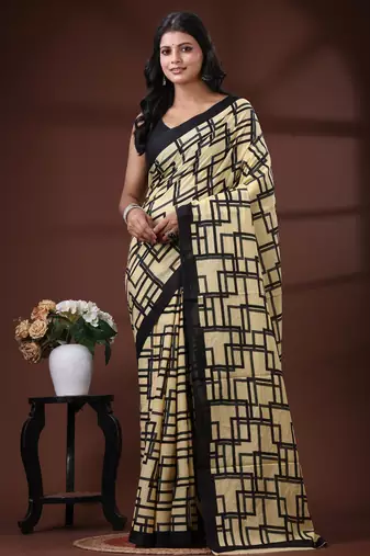 Beige & black geometric printed  malmal cotton saree with contrast border