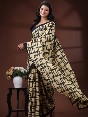 Beige & black geometric printed  malmal cotton saree with contrast border 2