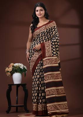 Black & maroon  malmal cotton saree with traditional floral handblock print design 1