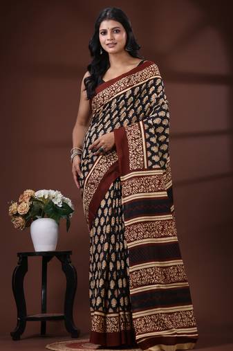 Black & maroon  malmal cotton saree with traditional floral handblock print design