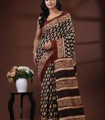Black & maroon  malmal cotton saree with traditional floral handblock print design