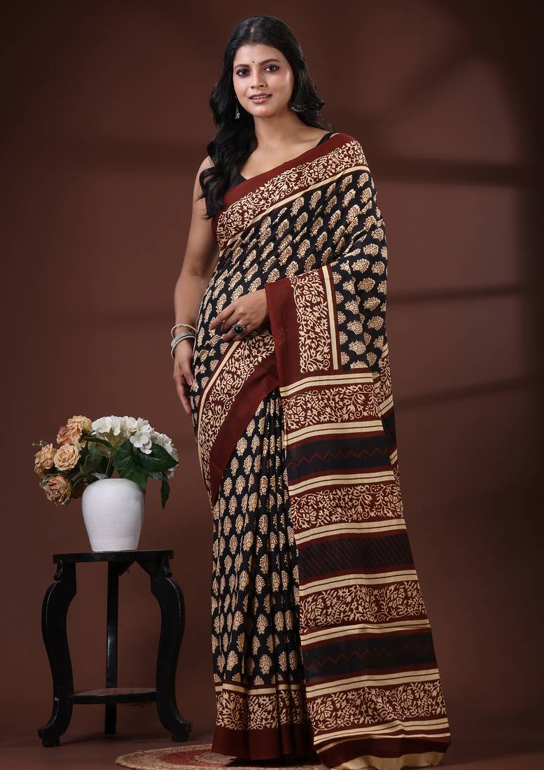 Black & maroon  malmal cotton saree with traditional floral handblock print design