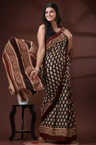 Black & maroon  malmal cotton saree with traditional floral handblock print design