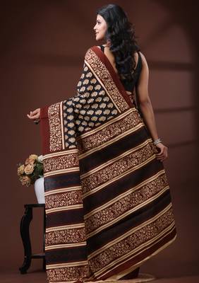 Black & maroon  malmal cotton saree with traditional floral handblock print design 3