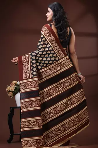 Black & maroon  malmal cotton saree with traditional floral handblock print design