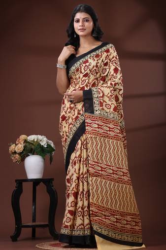 Beige & maroon  malmal cotton saree with floral handblock print and black border design