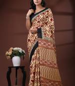 Beige & maroon  malmal cotton saree with floral handblock print and black border design